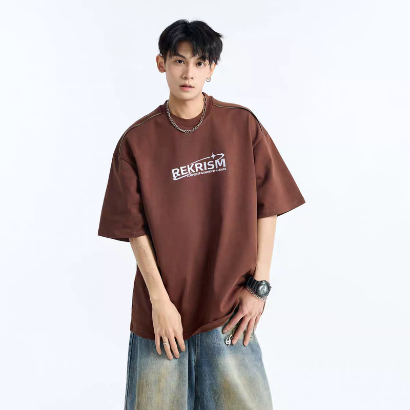アルファベット刺繍半袖tシャツ男子夏の薄手の丸首五分袖上着の潮牌ゆるい半袖|undefined