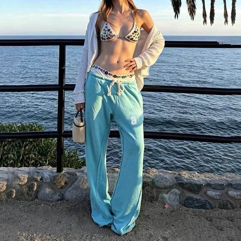 Trendy Casual Sports Style Low-Waist Drawstring Tie-Up Printed Flared Pants with Reverse Stitching Design Loose Wide-Leg Long Pants Trendy Casual Sports Style Low-Waist Drawstring Tie-Up Printed Flared Pants with Reverse Stitching Design Loose Wide-Leg Long Pants