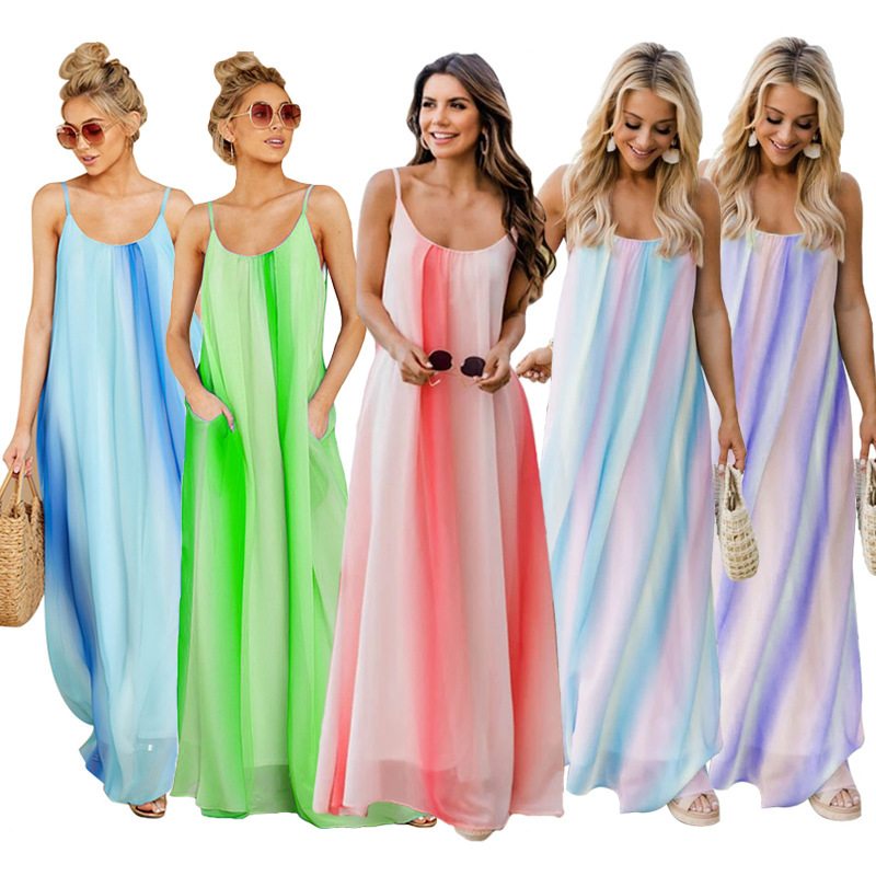 2021 European and American Women's Sexy Gradient Chiffon Sling Beach Dress Amazon Explosions Pregnant Women's Large Size Dress 2021 European and American Women's Sexy Gradient Chiffon Sling Beach Dress Amazon Explosions Pregnant Women's Large Size Dress