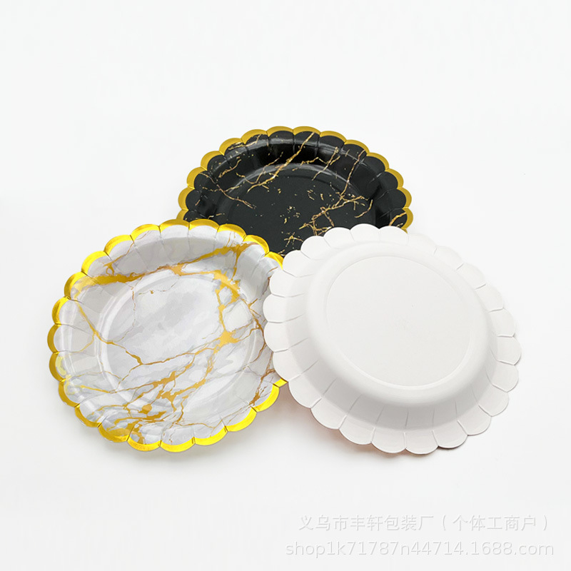 Plato de papel desechable conjunto de tazas de papel para fiesta doméstica comercial europea estampado patrón de mármol platos de papel de cumpleaños