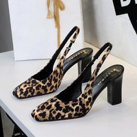 8320 leopard print square toe thick heel high-heeled shoes for women, versatile and easy to wear, with a French minimalist style toe closure and a back empty single shoe