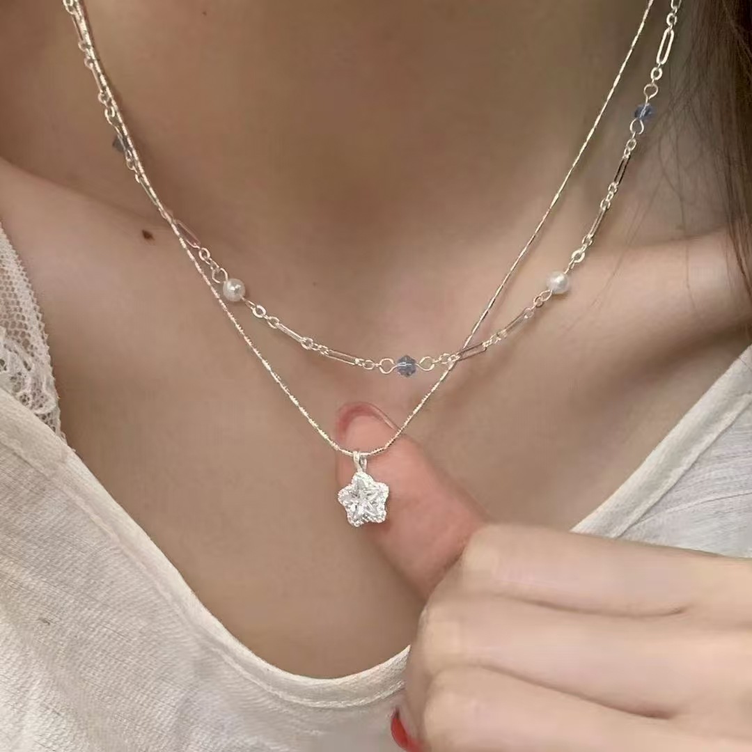 Double-Layered Pearl Necklace with Star Pendant for Women, Niche Design, Fashionable, Light Luxury, High-End Clavicle Chain, Wholesale