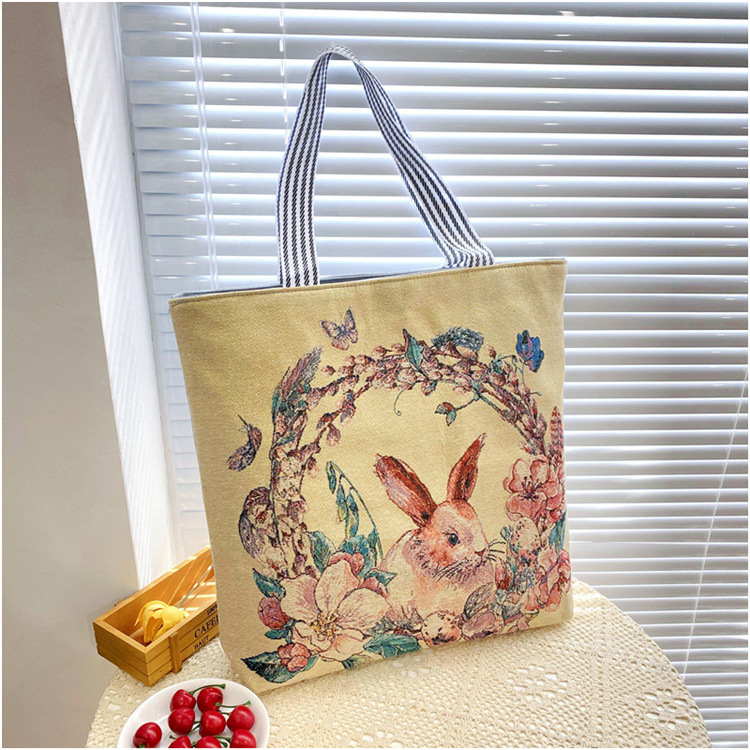 189g Weight Polyester Lining Material Zipper Closure Type Double Shoulder Straps Strap Type Tote Bag Bags Type Casual, Daily Occasion Linen Material Animal Pattern All Seasons Season Women's Gender Cute Style Square Shape Women's Linen Animal Cute Square Zipper Tote Bag 6