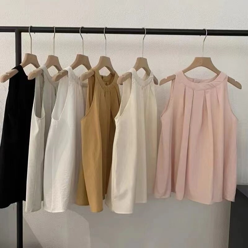Round Neck Sleeveless Vest Top with Pleated Chest Pure Color Retro Sweet Babydoll Shirt for Women 2025 Summer Elegant Round Neck Sleeveless Vest Top with Pleated Chest Pure Color Retro Sweet Babydoll Shirt for Women 2025 Summer Elegant