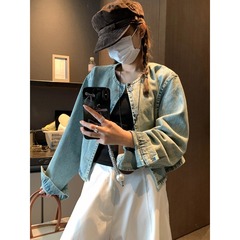 摩且 随性自由派 复古简约圆领水洗全棉休闲短款牛仔外套 MQ0754