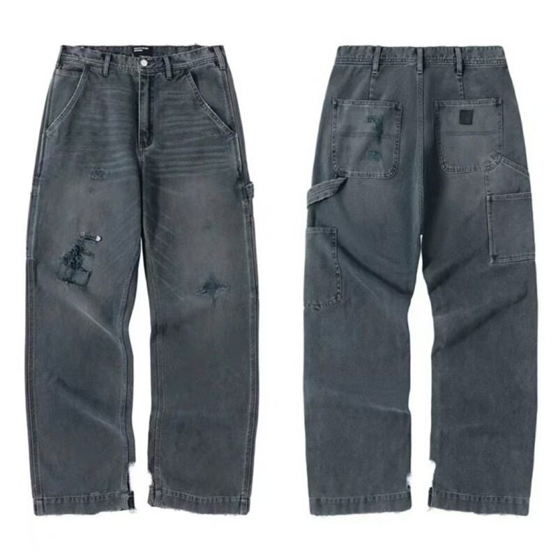 Erd Melancholic Rich Second-Generation Washed Knife-Cut Ripped Pin-Decorated Loose Trendy Hip-Hop Straight-Leg Jeans for Men
