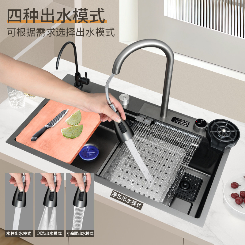 Fregadero de cocina grande de un solo tanque Feiyu Waterfall Pantalla digital Nano Acero inoxidable engrosamiento Lavado de verduras Fregadero Multifunción debajo del escenario