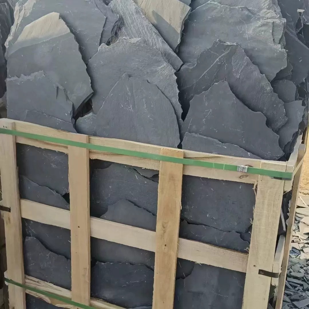 天然青石板碎片异形池底薄片水池石块景观喷泉净化黑色不规则石板