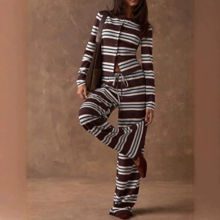 欧美复古撞色条纹睡衣女单排扣短款长袖阔腿长裤休闲家居服两件套
