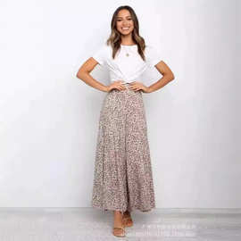 欧美外贸秋季女款休闲长裤松紧高腰豹纹印花棉阔腿甩腿显瘦女裤