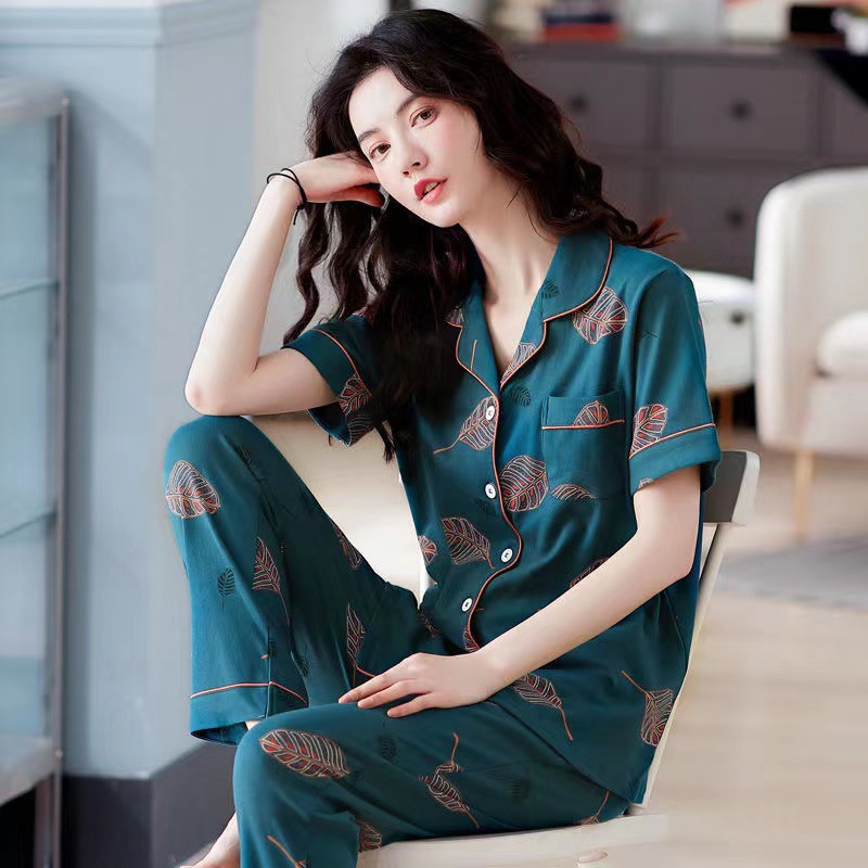 Pijama de algodón de verano pantalones de manga corta para mujer cardigan de talla grande traje de desgaste exterior de mujer madre de mediana edad casa delgada