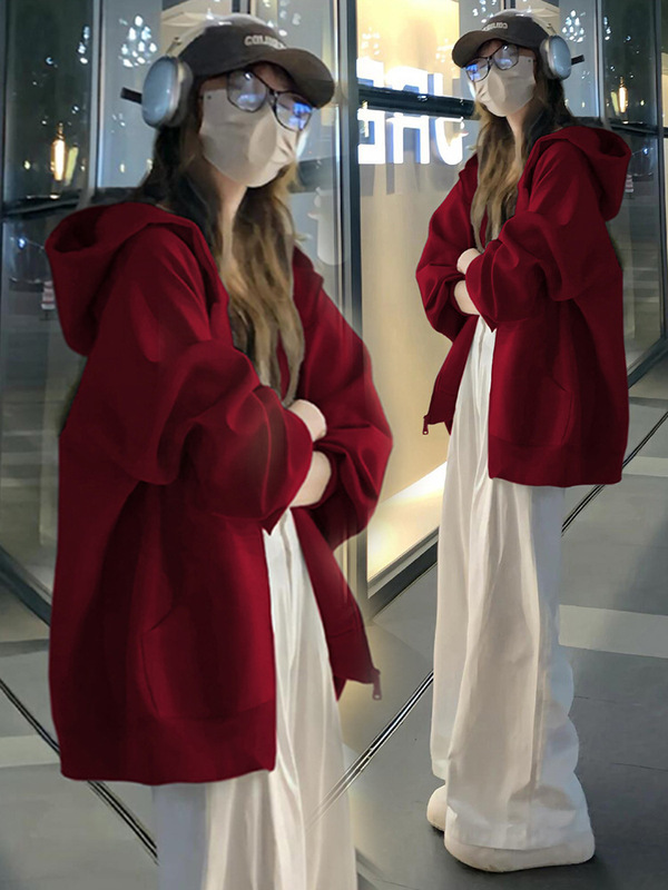 酒红色拉链开衫卫衣连帽外套女2025新款休闲宽松慵懒风长袖上衣服|undefined