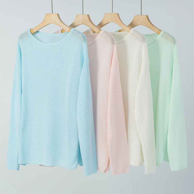 Special Offer, No Returns or Exchanges: Women's Thin Loose-Fitting Sun-Protective Pullover Knit Top with Round Neck, Made of Washi Yarn, Slimming Effect, Suitable as a Base Layer