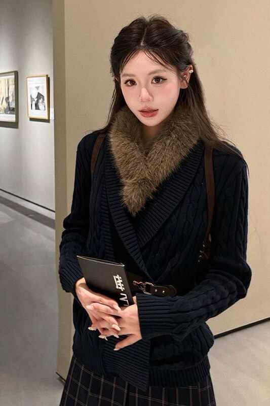 Fur Collar Navy Blue Twist Knitted Suit Women's Leather Buckle Plaid Skirt Retro Elegant Two-Piece Set