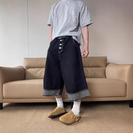 Factory Direct Sale Washed New Spliced Raw Edge Jeans Men 2025 Summer Loose Multi-Pocket Button Cropped Pants