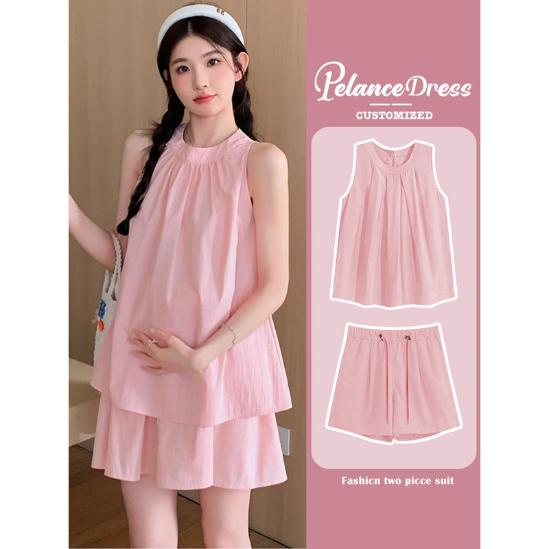 Pregnant Women suit Summer 2024 New French Cute Little Sleeveless Vest Doll Shirt Shorts Two-piece Thin