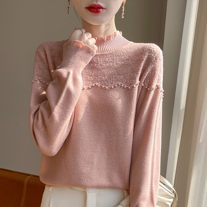 French-Style Ruffled Half-High Collar Fine-Spun Wool Knit Sweater 2025 Autumn and Winter New Crochet Beaded Base Shirt for Women