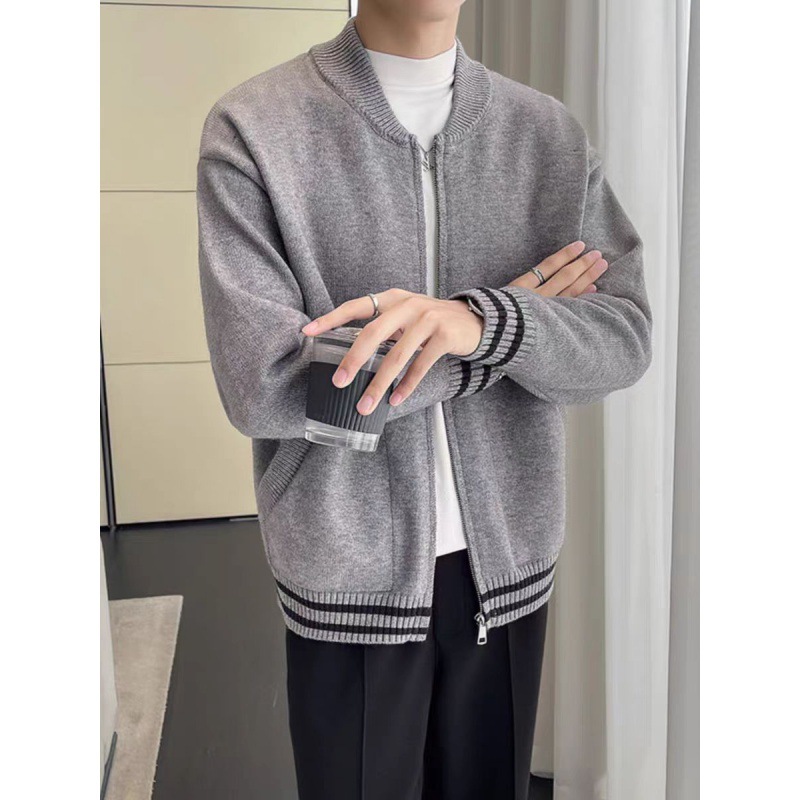 Maglione casual ampio alla moda autunnale e invernale, semplice cardigan lavorato a maglia con cerniera e cuciture a righe_voghion.com