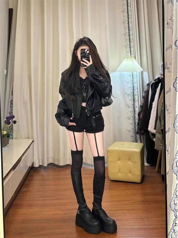 美式辣妹黑色皮衣外套女2025秋季小个子短款机车PU皮夹克甜酷上衣|undefined