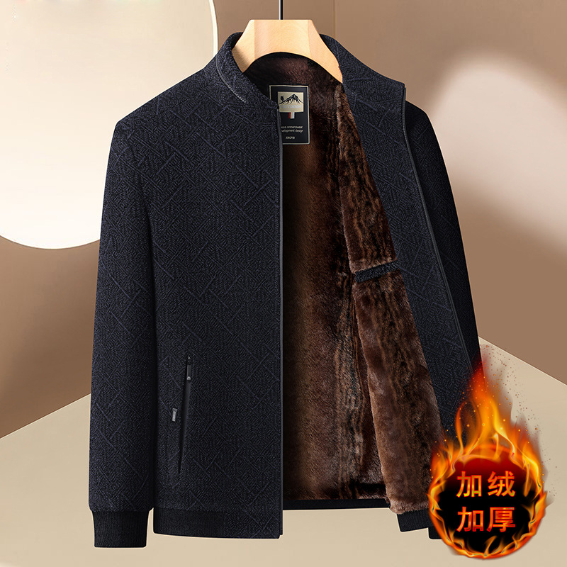 Winter Chenille Jacket for Middle-Aged Men, Fleece-Lined Business Casual Stand-Up Collar, No-Iron Top, Dad Jacket