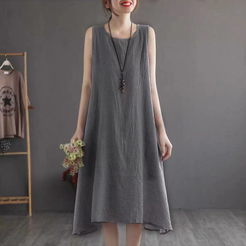Cotton Linen Sleeveless Vest dress Women 2025 Summer New plus size Inner Loose Midi Dress Women