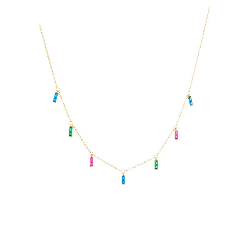S925 plata esterlina geométrica pequeño arco iris cuadrado ZIRCON colgante collar femenino europeo y americano ins viento frío apilados clavícula cadena