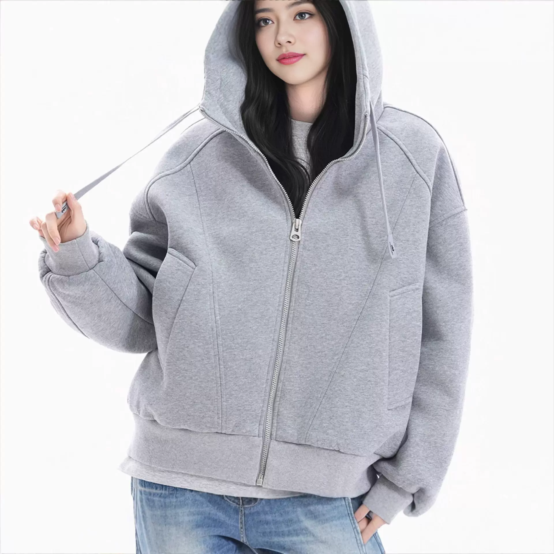 定制春秋新款连帽卫衣外套女灰色宽松拉链开衫设计感小众潮牌上衣