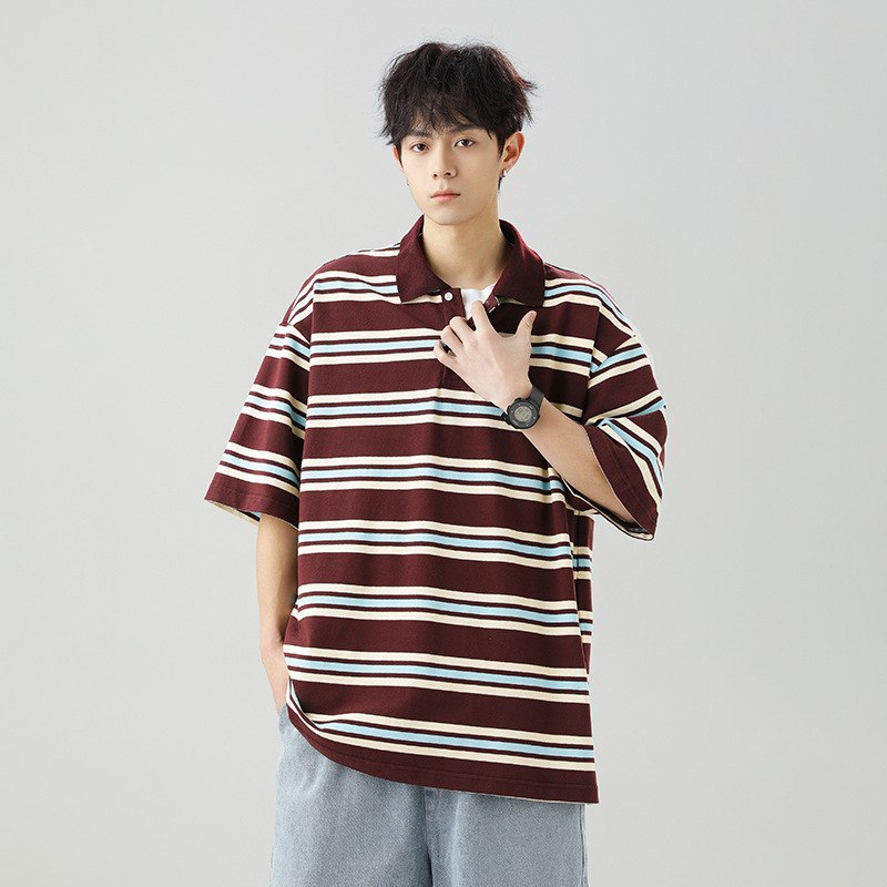 Japanese retro texture contrasting striped Polo shirt for men and women summer lapel short-sleeved T-shirt casual couple half-sleeved