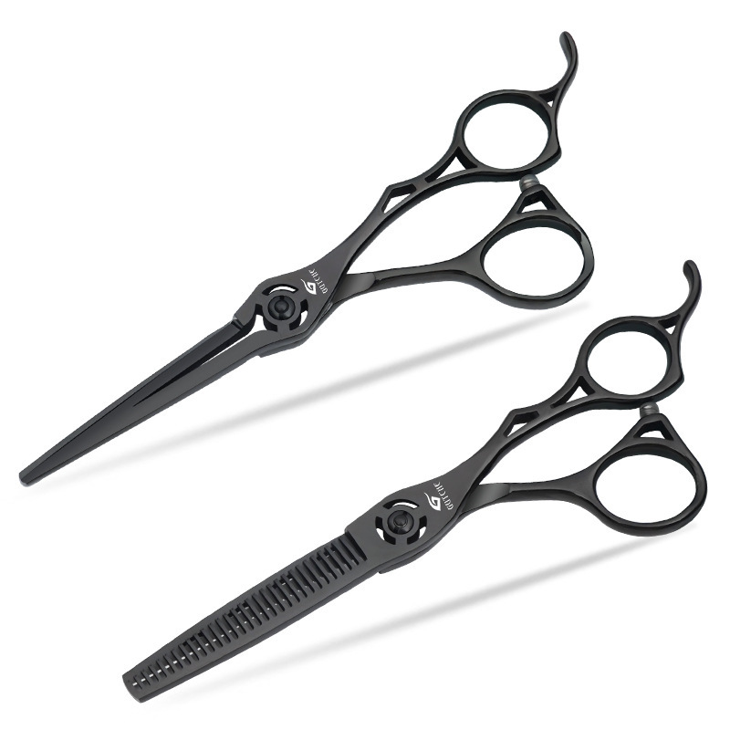 Ensemble de coiffure professionnel haut de gamme noir brillant, comprenant des ciseaux à effiler droits et une tondeuse._voghion.com