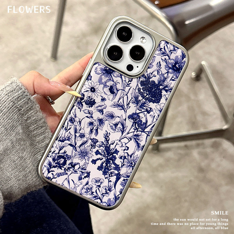 High-End Chinoiserie Blue Transparent Flower Electroplating Glue Iphone16 Protective Cover 14Pm Mobile Phone Case Girl Apple 15 Niche