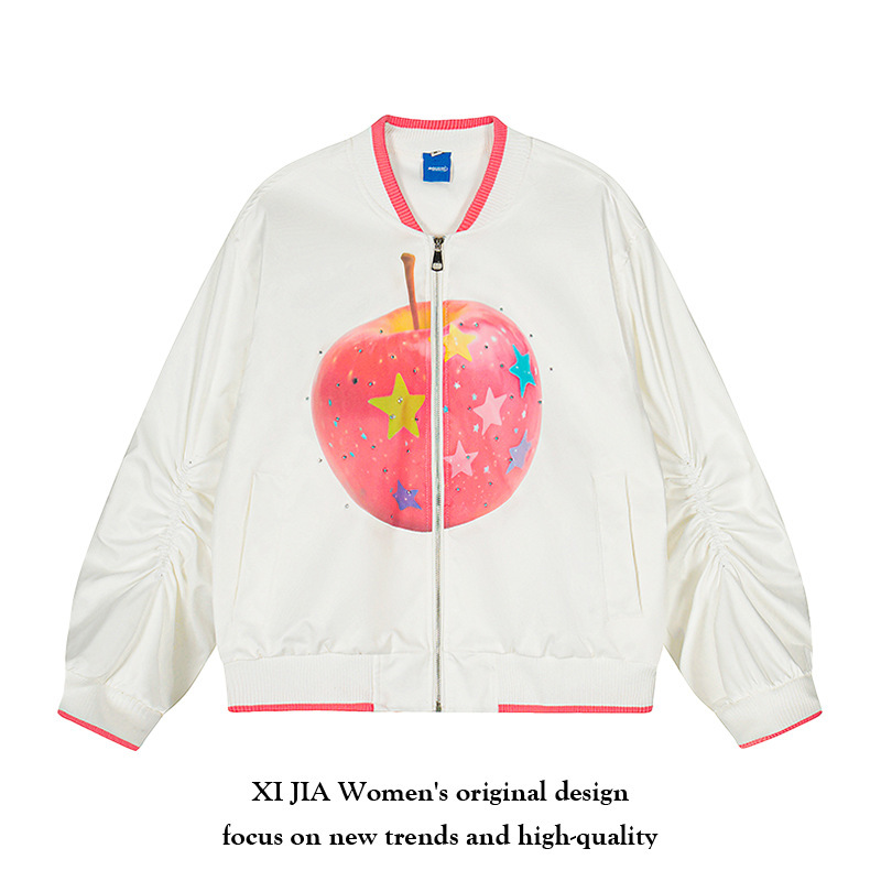 American Creative Star Apple Stand Collar Jacket for Women Autum New Loose and Versatile Pleated Long-Sleeved Baseball Jacket