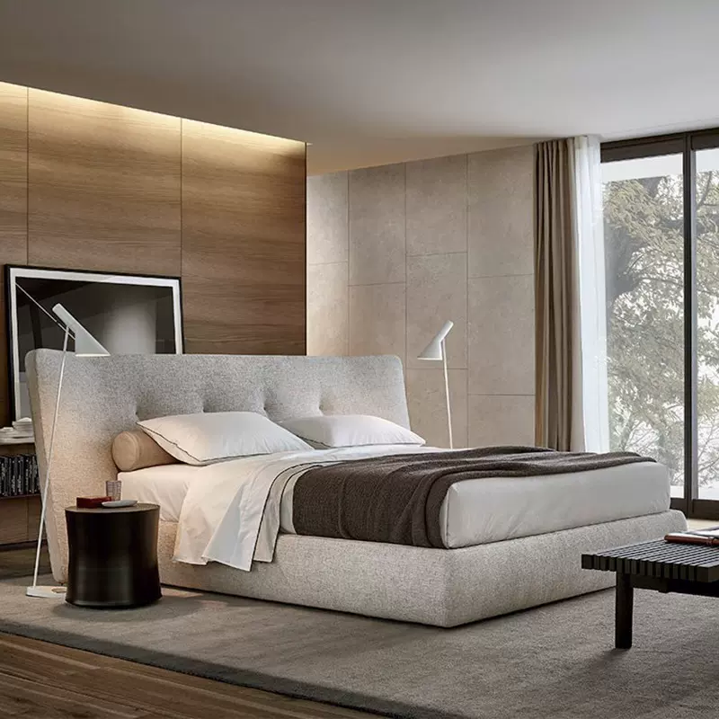 意式极简宽屏床别墅简约现代主卧棉麻布艺双人大床设计师款极简风