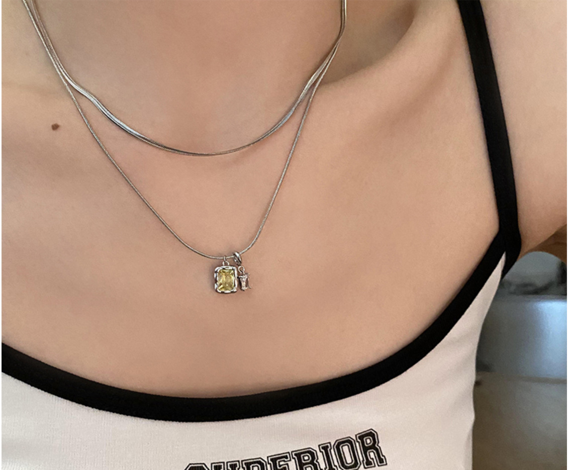 Fashion Square Titanium Steel Layered Necklaces Inlay Artificial Gemstones Stainless Steel Necklaces