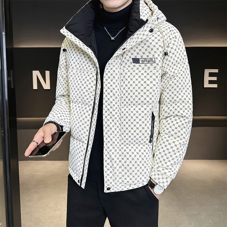 Winter Trendy Brand Leather down Jacket for Men 2025 New Printed Slim Short Men's Hooded Thickeneded White Duck down Jacket