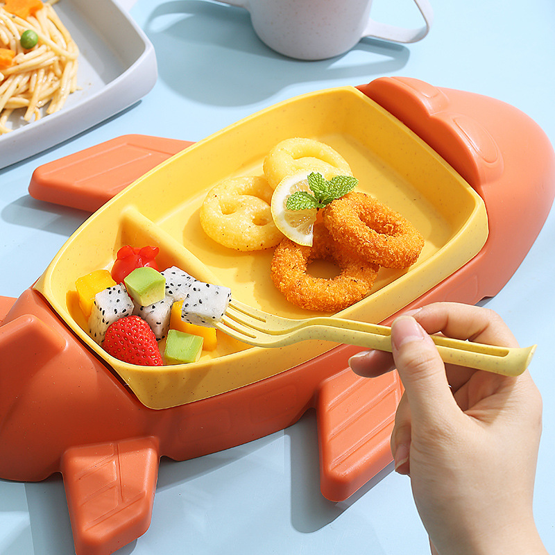 Plato de almuerzo de avión juego de seis piezas de dibujos animados de trigo jardín de infantes plato de comida para bebés vajilla de suplemento alimenticio para niños con taza, cuchillo, tenedor y cuchara image 3