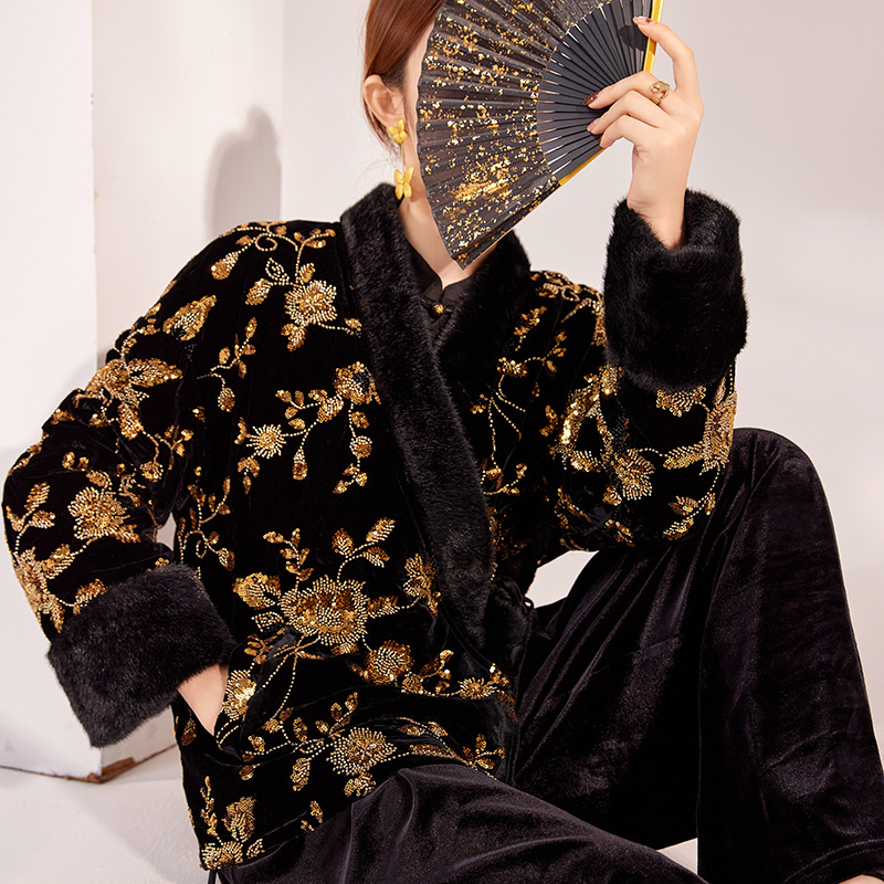 新中式冬季女装高级V领设计感新款国风金色钉珠刺绣棉服外套MX075