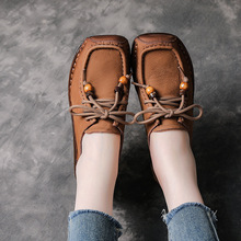 复古文艺风秋季新款头层牛皮厚底女鞋软底坡跟单鞋真皮系带妈妈鞋