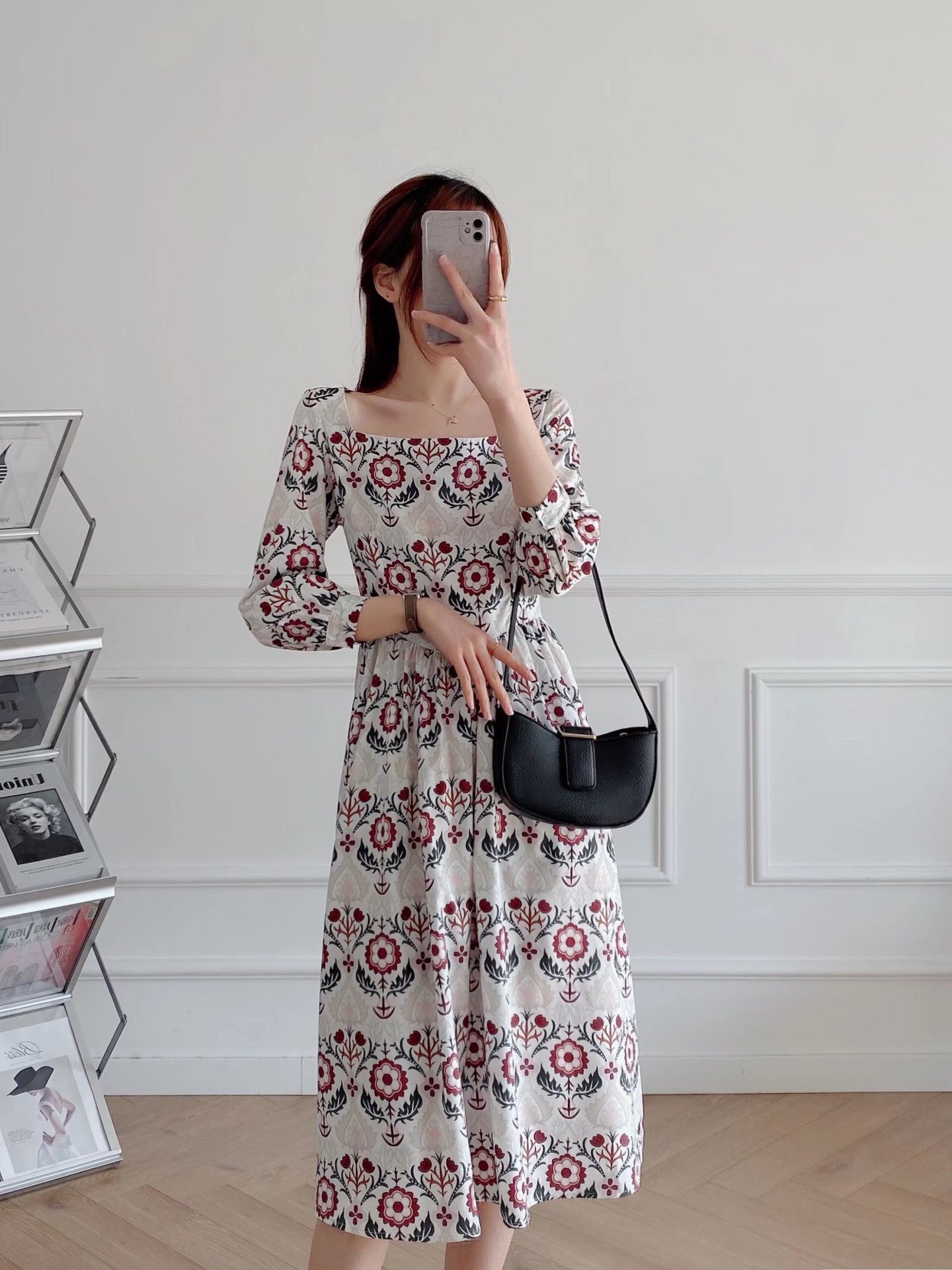 Square Collar Long Sleeves Printed Floral Dress NSAM109306