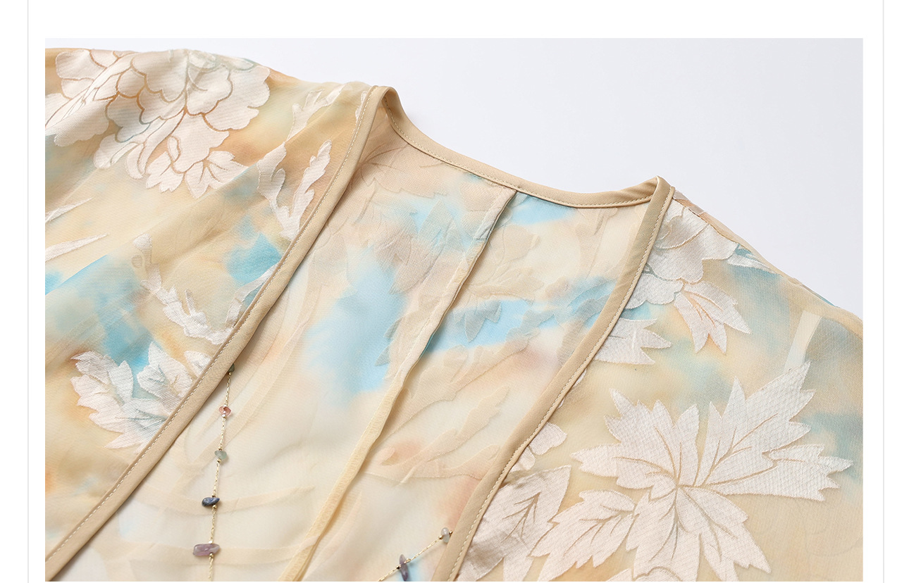 Bộ áo khoác cardigan thêu và váy hai dây phong cách retro mùa hè — Áo vàng chanh, Váy hai dây chi tiết 23