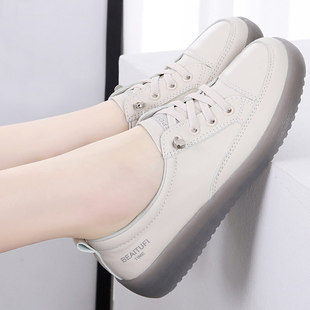 Genuine Leather Women's Shoes 2025 Autumn Women's White Shoes Soft Sole Sneakers Casual Slip-On Women's Flat Shoes