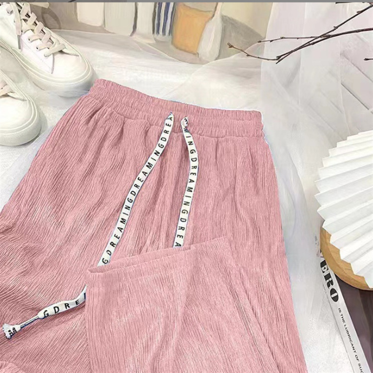 2025 新しい夏の千葉パンツテクスチャードしわのあるワイドレッグパンツレター巾着ハイウエストスリムカジュアルパンツ|undefined