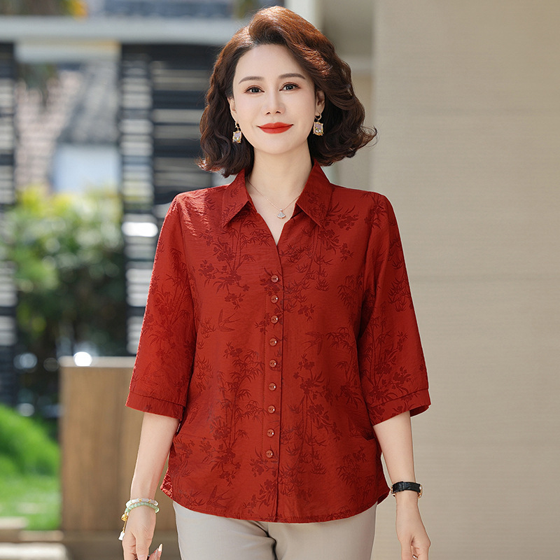 Summer Seven-point Sleeve Shirt Stylish Mother's Summer Wear Thin Loose Small Shirt Middle-aged and Elderly Women's Lel Fashion Top Summer Seven-point Sleeve Shirt Stylish Mother's Summer Wear Thin Loose Small Shirt Middle-aged and Elderly Women's Lel Fashion Top