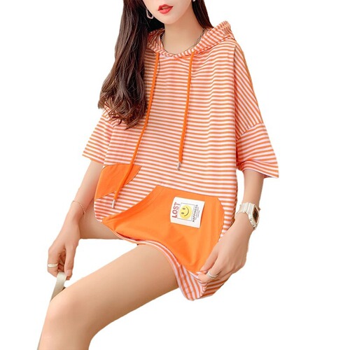 Striped Hooded Short-Sleeve T-Shirt for Women - Trendy Loose and Thin Design, 2025 Spring, Plus-Size, Design-Focused Splicing Top for Women