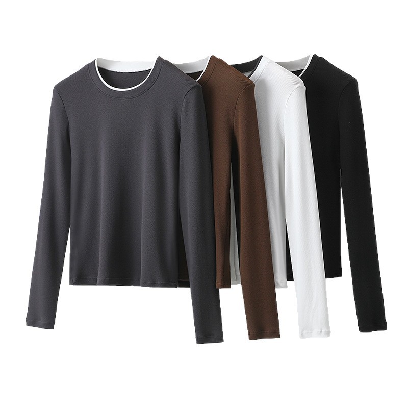 Round Neck Fake Two-piece Front Shoulder Long-sleeved T-shirt Women's Clothing Waist And Thin Inside 7A Bacteriostatic Cloud Casual Base_ecoleips.com