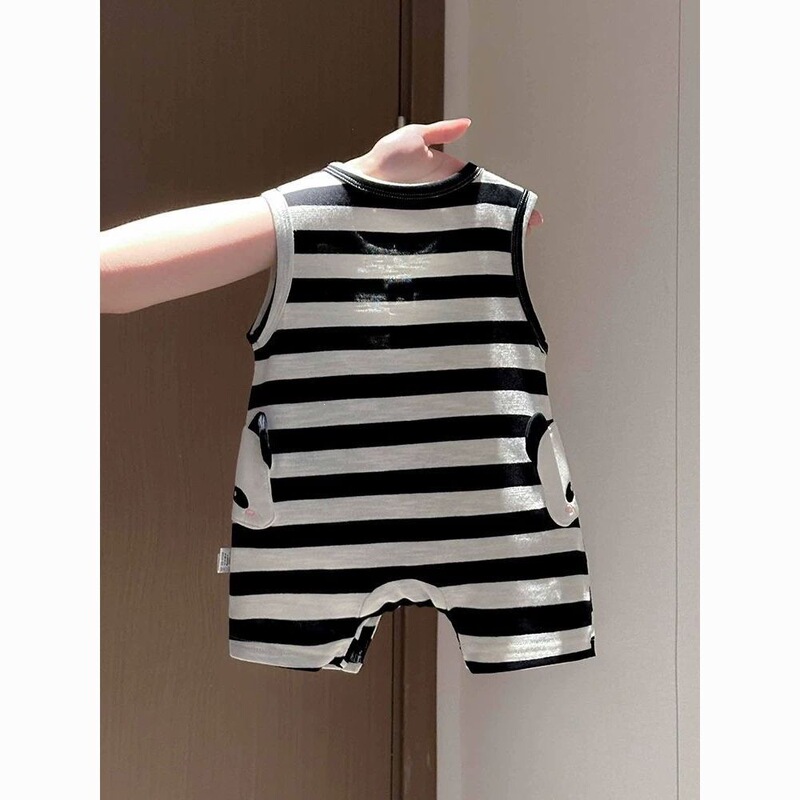 Cute Baby Romper for Boys and Girls, Sleeveless Striped Jumpsuit, Summer Thin Romper, Trendy Black Striped Design Cute Baby Romper for Boys and Girls, Sleeveless Striped Jumpsuit, Summer Thin Romper, Trendy Black Striped Design