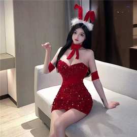 圣诞服闪亮丝绒兔女郎情趣内衣性感睡衣新年战袍包臀小胸聚拢6751