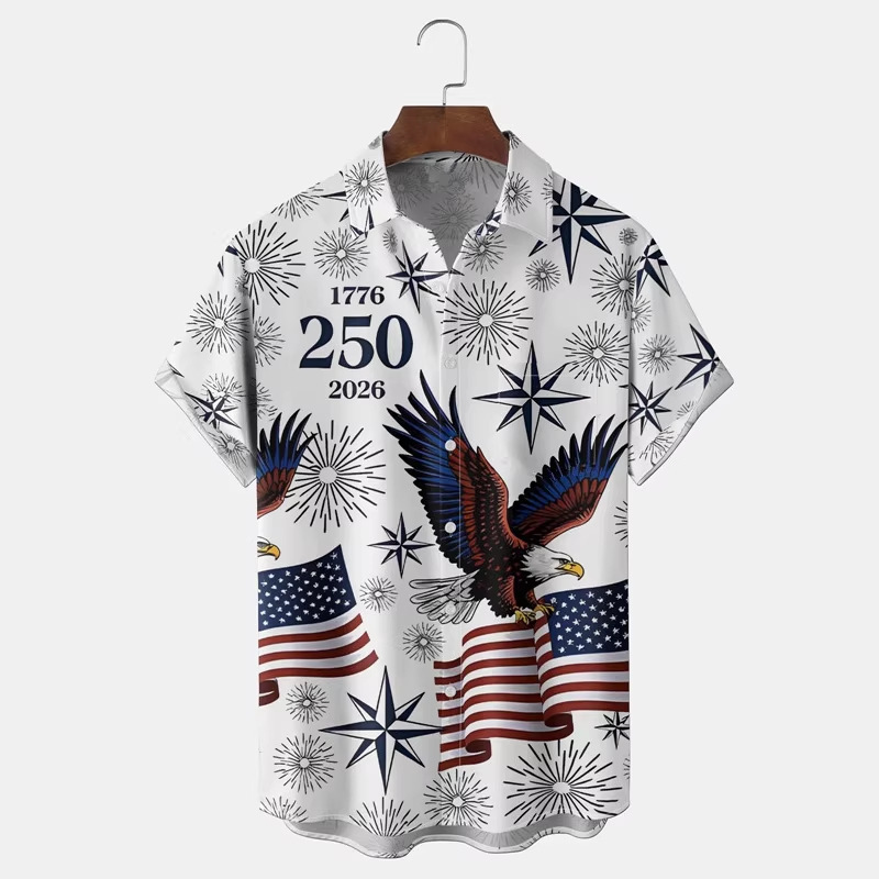 Loose-Fitting Men's Short-Sleeved Shirt with American Flag and White-Headed Eagle Print, Four-Way Stretch Casual Breathable Men's Shirt