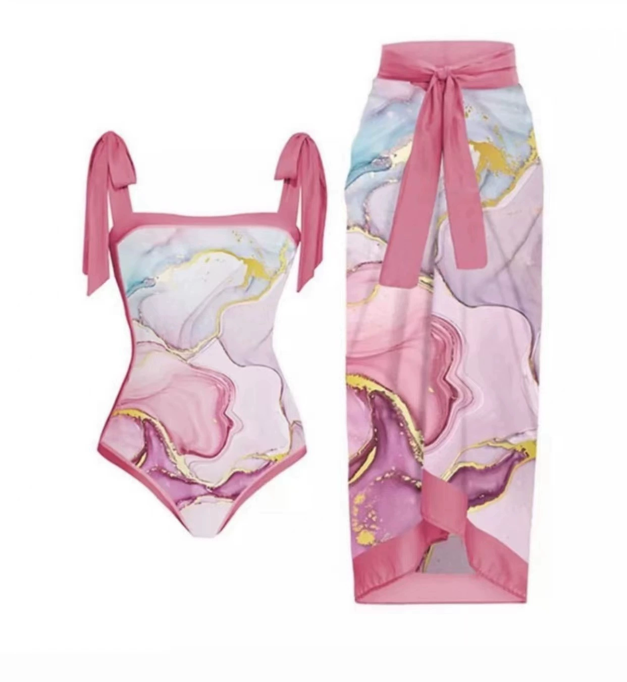 One-Piece Swimsuit (Qiao Jiayuan) 2025 Retro Style with Wrap Skirt, Crane Print, S–XL & One Size