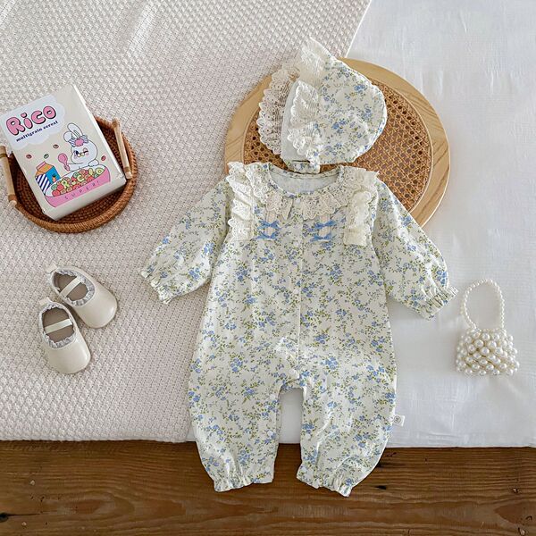 Baby onesie spring baby girl floral lace lace crawling suit newborn…