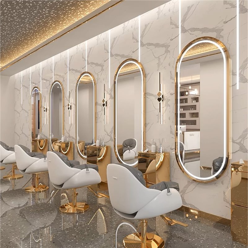 Barbería en línea tabla de espejo salón especial tipo pared simple barbería espejo de piso LED tabla de espejo de escaldado control táctil